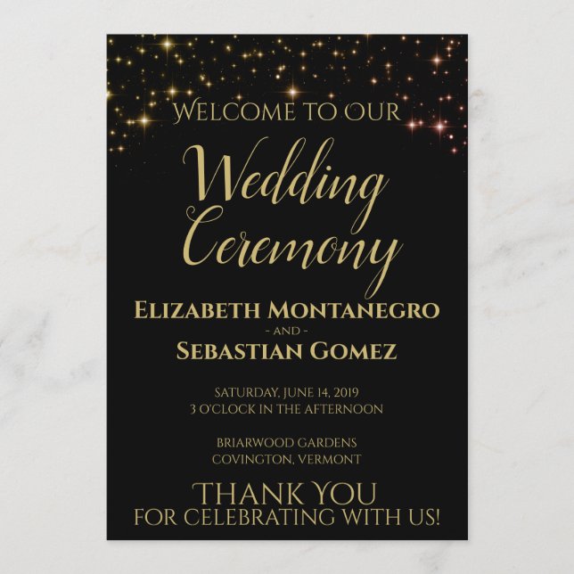 Elegant Gold Stars on Black Festive Wedding  Programme (Front)