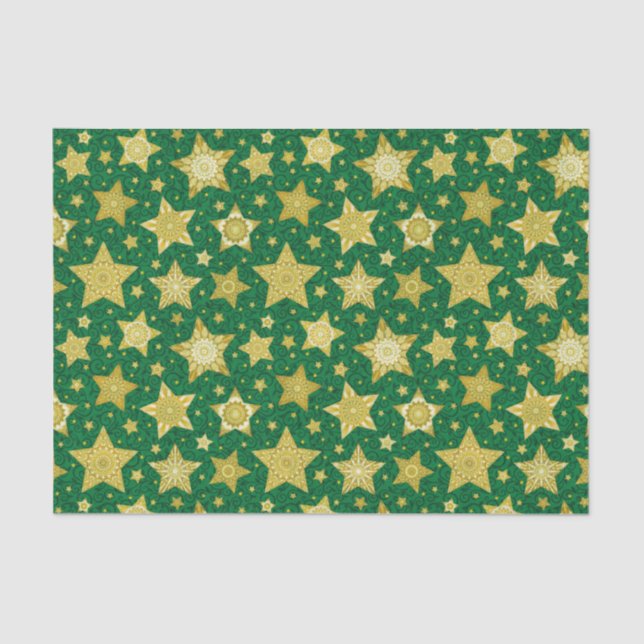 Elegant Gold Stars  on Green Damask Tissue Paper (Front)