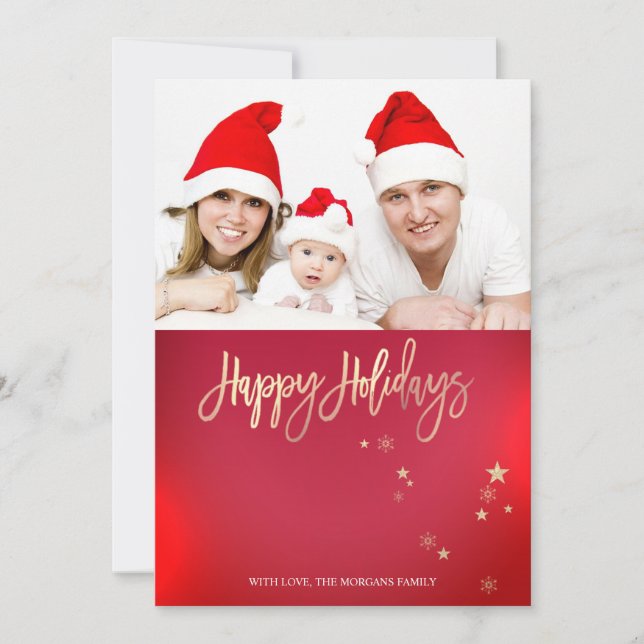 Elegant Gold Stars Red Photo Merry Christmas (Front)