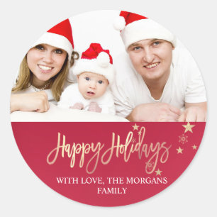 Elegant Gold Stars Red Photo Merry Christmas  Classic Round Sticker