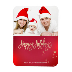 Elegant Gold Stars Red Photo Merry Christmas Magnet