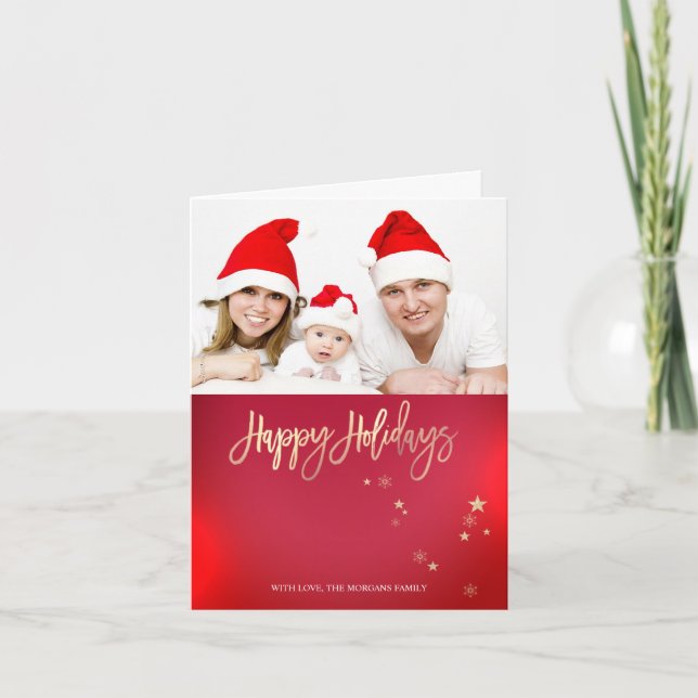 Elegant Gold Stars Red Photo Merry Christmas Note Card (Front)
