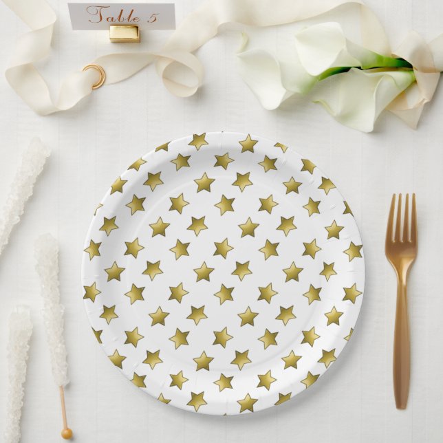 Elegant gold stars white pattern paper plate (Wedding)