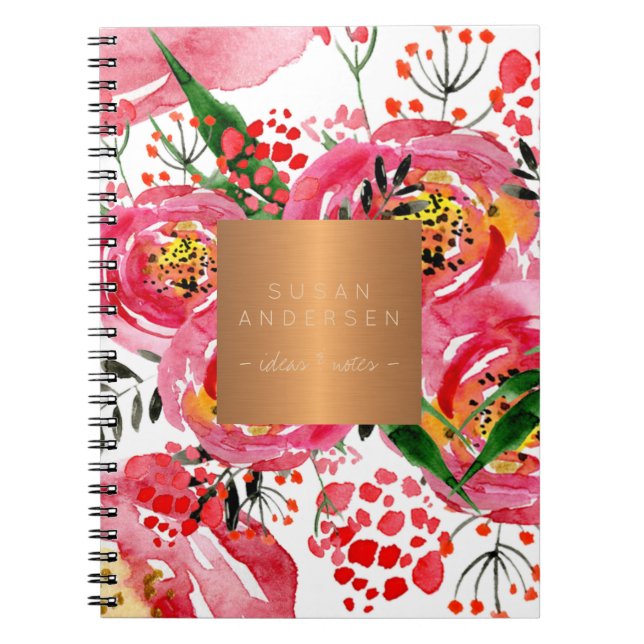 Elegant gold steel copper metallic blush floral notebook (Front)