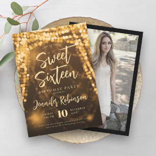 Elegant Gold String Lights Photo Sweet 16   Invitation