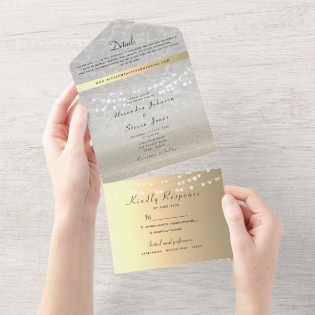 Elegant Gold String Lights Wedding All In One Invitation (Tearaway)