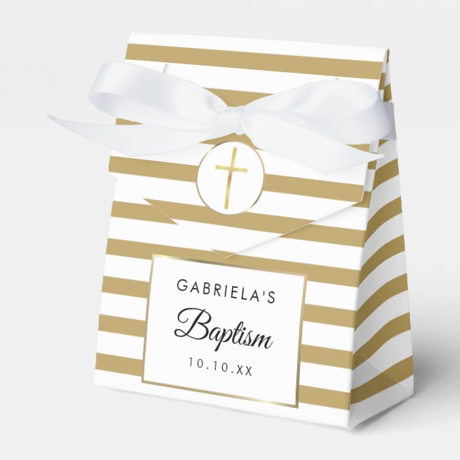 Elegant Gold Stripe Baptism Christening Favour Box (Front Side)