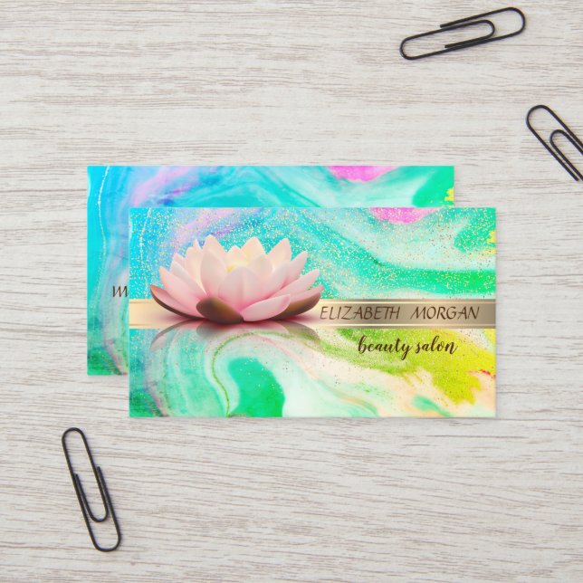 Elegant Gold Stripe Confetti,Lotus,Green Marble Business Card (Front/Back In Situ)
