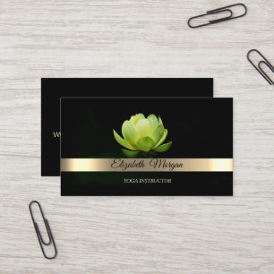 Elegant Gold Stripe Green Lotus Flower Yoga Business Card