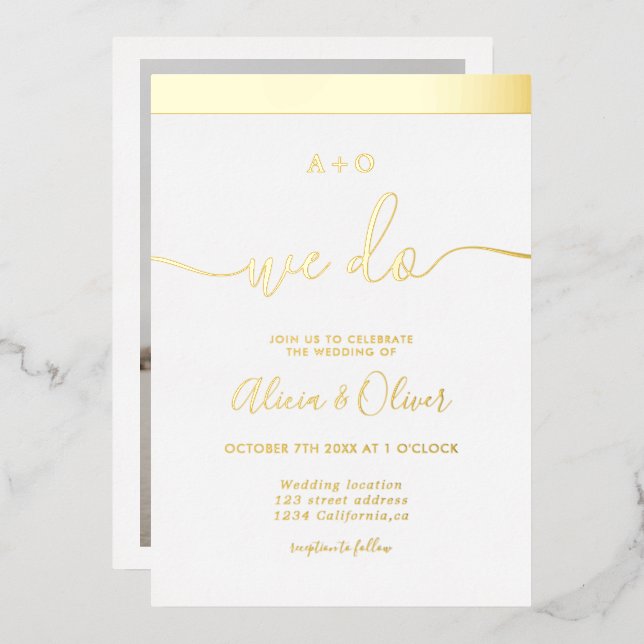 Elegant gold stripe initials white photo wedding (Front/Back)