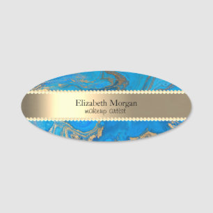 Elegant Gold Stripe, Pearls,Blue Marble Name Tag