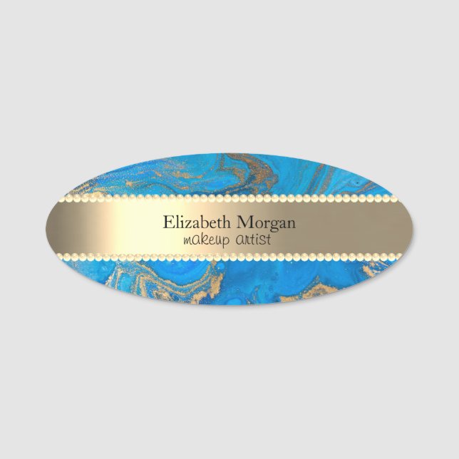 Elegant Gold Stripe, Pearls,Blue Marble Name Tag (Front)