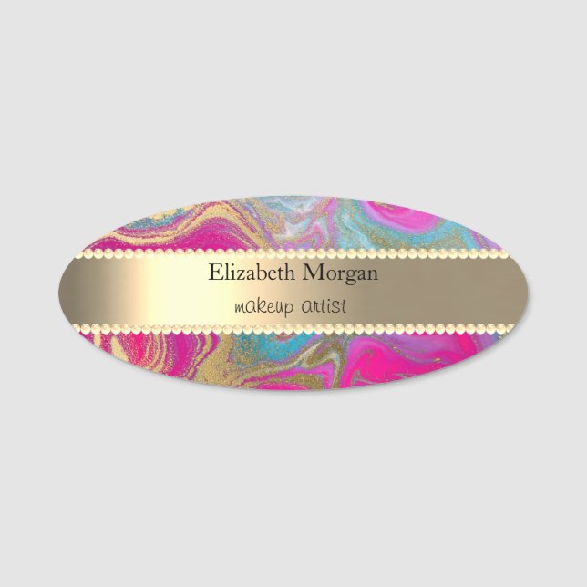 Elegant Gold Stripe, Pearls Colourful Marble Name Tag (Front)