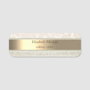 Elegant Gold Stripe, Pearls, Glitter Bokeh Name Tag