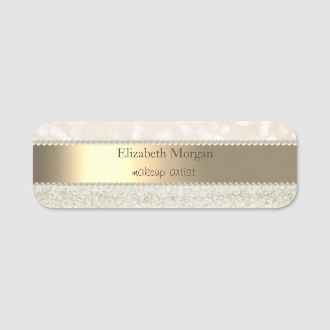 Elegant Gold Stripe, Pearls, Glitter Bokeh Name Tag (Front)