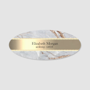 Elegant Gold Stripe, Pearls,Grey Gold Marble Name Tag