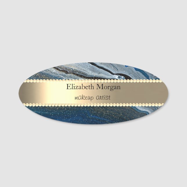 Elegant Gold Stripe, Pearls, Marble Blue Name Tag (Front)