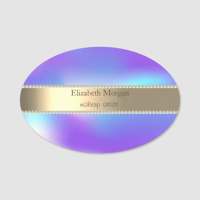 Elegant Gold Stripe, Pearls,Ombre Holographic Name Tag (Front)