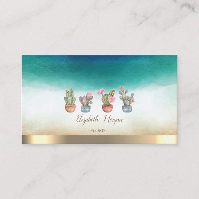 Elegant Gold Stripe Watercolor Succulents Business Card (Front)