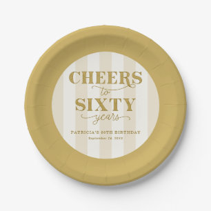 Elegant Gold Striped Cheers to 60 Years Birthday Paper Plate