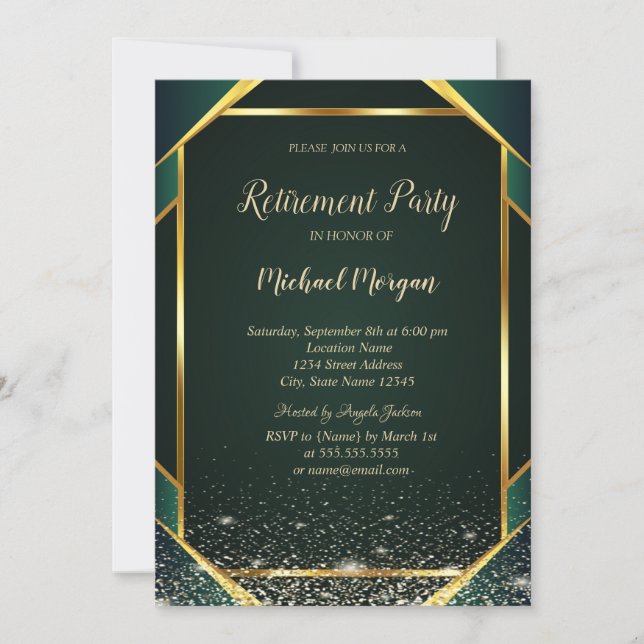 Elegant Gold Striped Confetti Green Retirement Invitation (Front)
