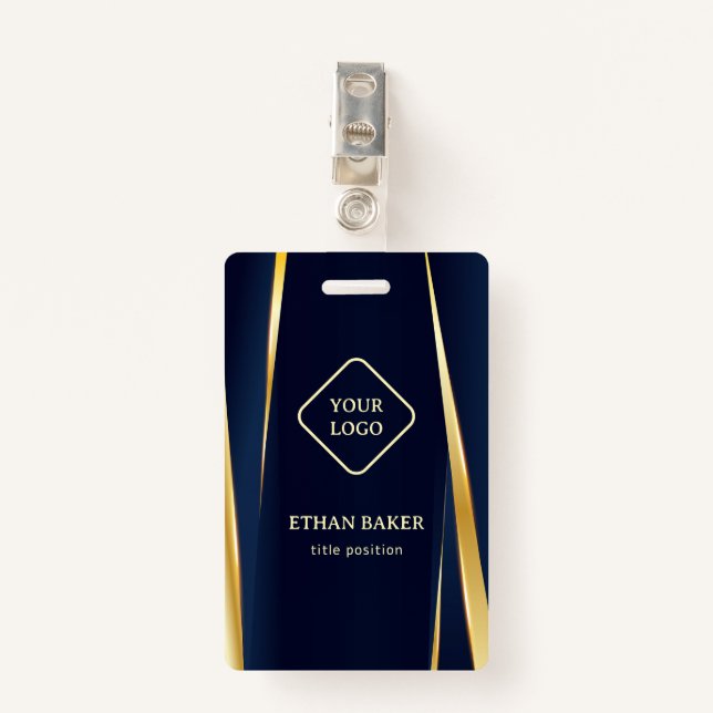 Elegant Gold Stripes Blue Background ID Badge (Front with Clip)
