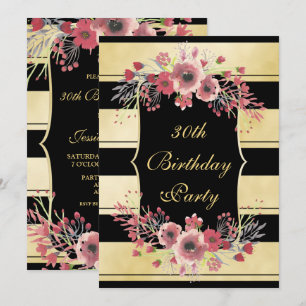 Elegant Gold Stripes Floral Watercolor 30th Invitation