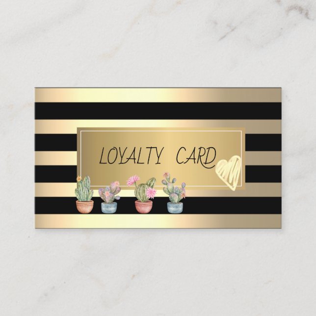 Elegant Gold Stripes,Frame, Gold Hearts Succulents Loyalty Card (Front)