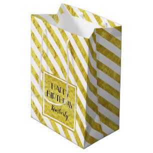 Elegant Gold Stripes Happy Birthday Medium Gift Bag
