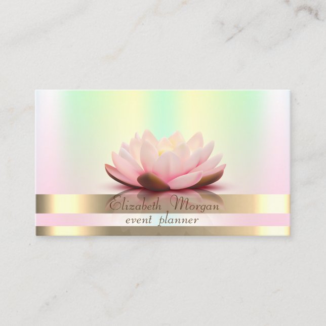 Elegant Gold Stripes Holographic Iridescent Lotus Business Card (Front)