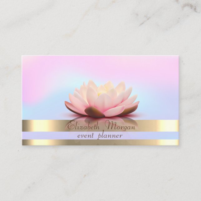 Elegant Gold Stripes Holographic Lotus Business Card (Front)