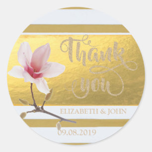 Elegant Gold Stripes Magnolia  You Wedding Sticker