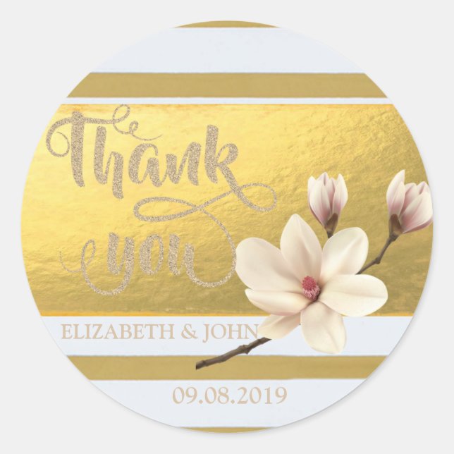 Elegant Gold Stripes Magnolia  You Wedding Sticker (Front)