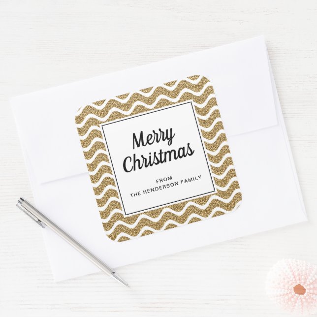Elegant Gold Stripes Script Merry Christmas Square Sticker (Envelope)