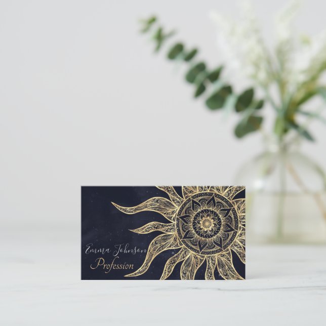 Elegant Gold Sun Mandala Blue Nebula Design Business Card (Standing Front)