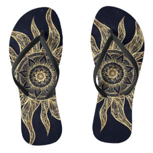 Elegant Gold Sun Mandala Blue Nebula Design Flip Flops