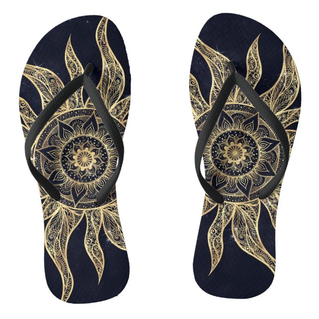 Elegant Gold Sun Mandala Blue Nebula Design Flip Flops (Footbed)