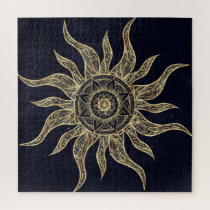Elegant Gold Sun Mandala Blue Nebula Design Jigsaw Puzzle