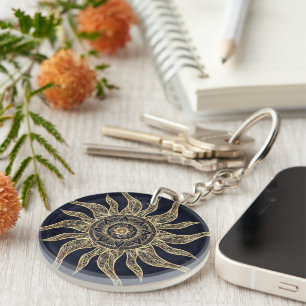 Elegant Gold Sun Mandala Blue Nebula Design Key Ring