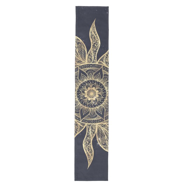 Elegant Gold Sun Mandala Blue Nebula Design Medium Table Runner (Front)
