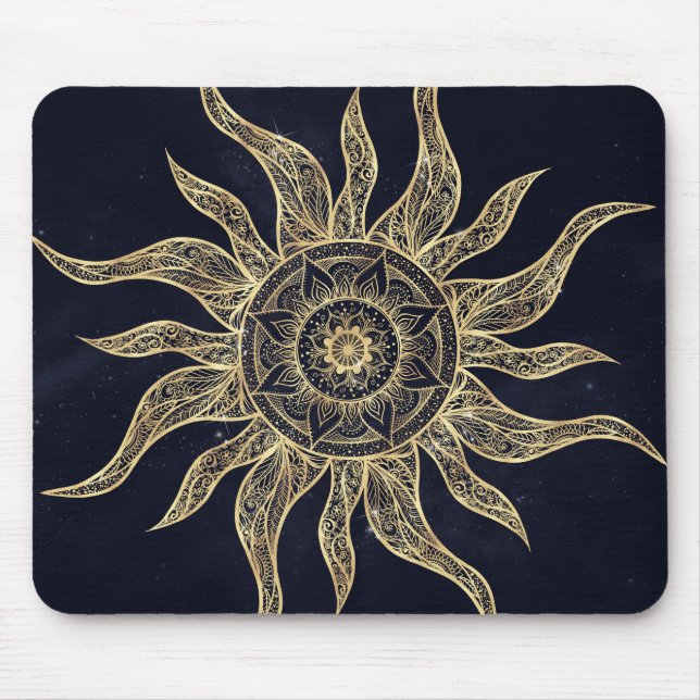 Elegant Gold Sun Mandala Blue Nebula Design Mouse Mat (Front)