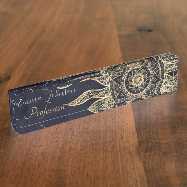 Elegant Gold Sun Mandala Blue Nebula Design Nameplate (Side)