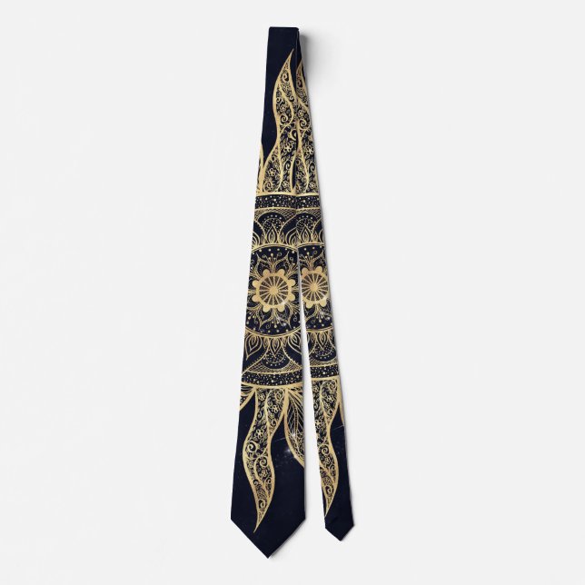 Elegant Gold Sun Mandala Blue Nebula Design Tie (Front)