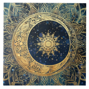 Elegant Gold Sun Mandala Celestial Aesthetic Decor Tile