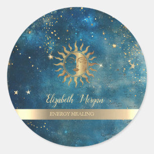Elegant Gold Sun Stars Blue Watercolor Classic Round Sticker