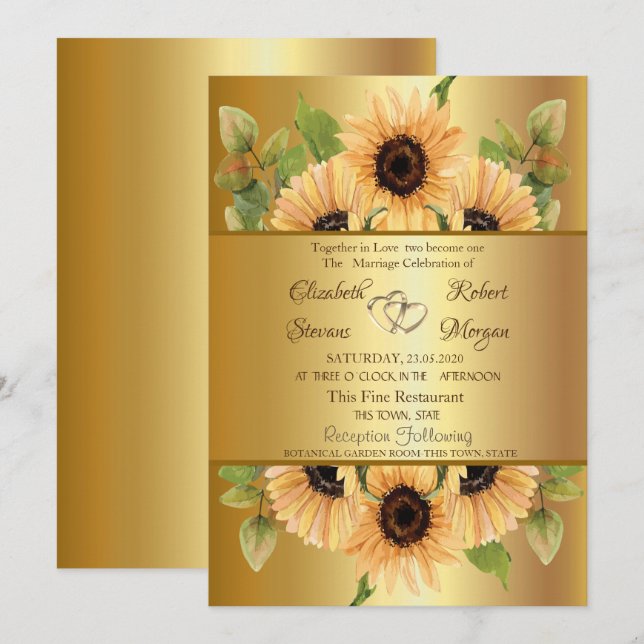 Elegant  Gold Sunflowers  Wedding Invitation (Front/Back)