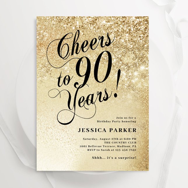 Elegant Gold Surprise 90th Birthday Invitation (Creator Uploaded)