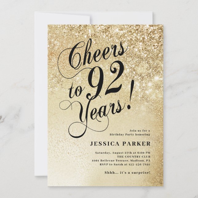 Elegant Gold Surprise 92nd Birthday Invitation (Front)