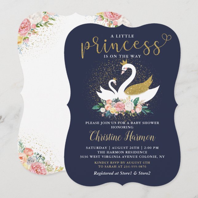 Elegant Gold Swan Princess Pink Floral Baby Shower Invitation (Front/Back)