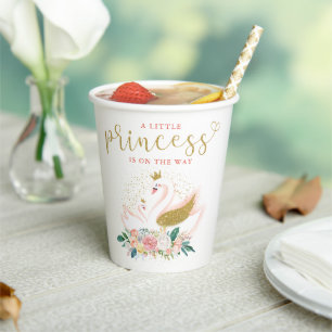 Elegant Gold Swan Princess Pink Floral Baby Shower Paper Cups